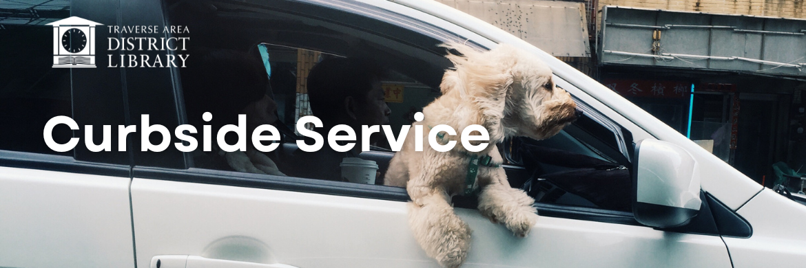 Dog looking out car window and words Curbside Service