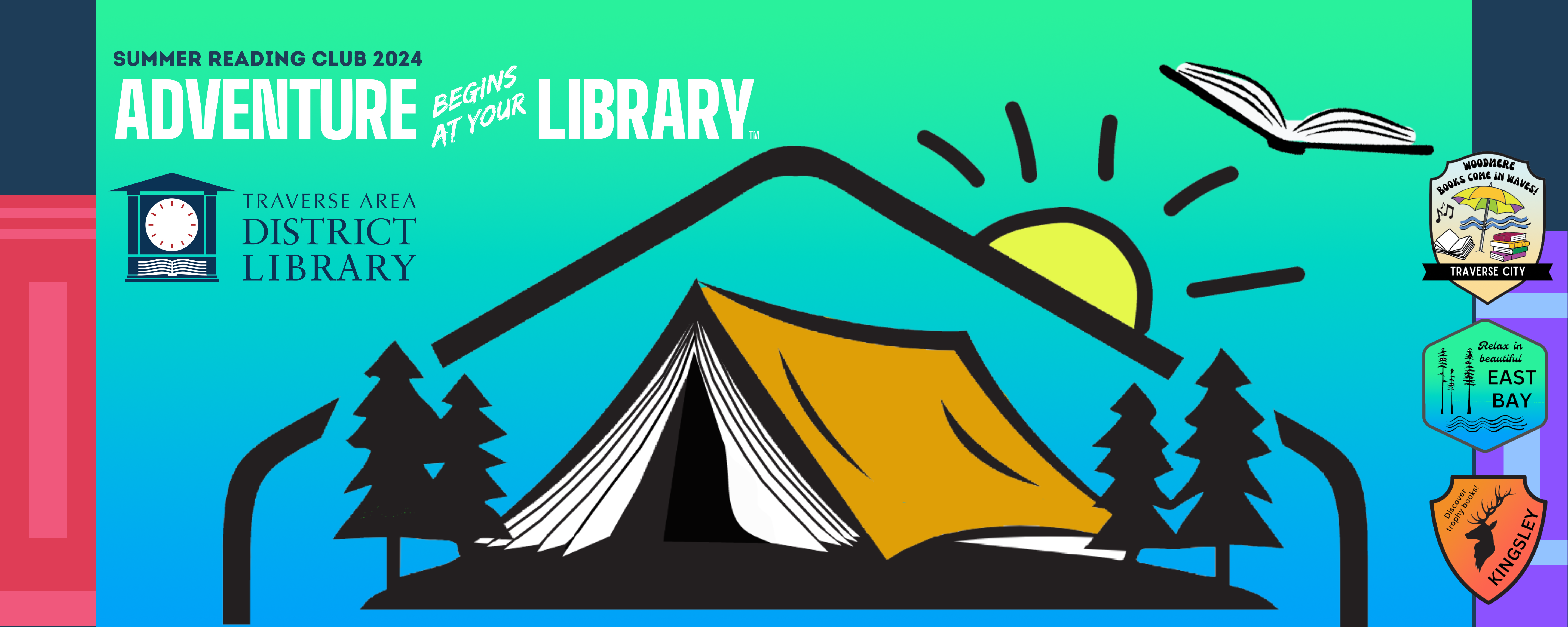 Summer reading club logo with a book that's also a tent - all other info repeated on page