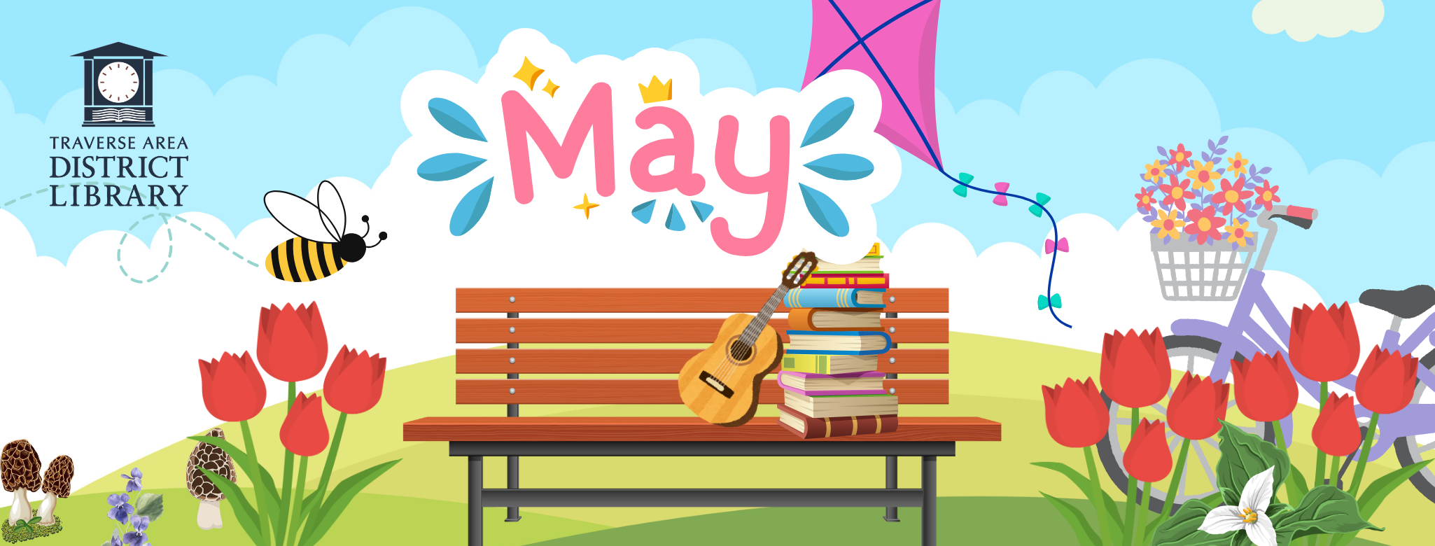 May scene park bench with tulips, books and guitar