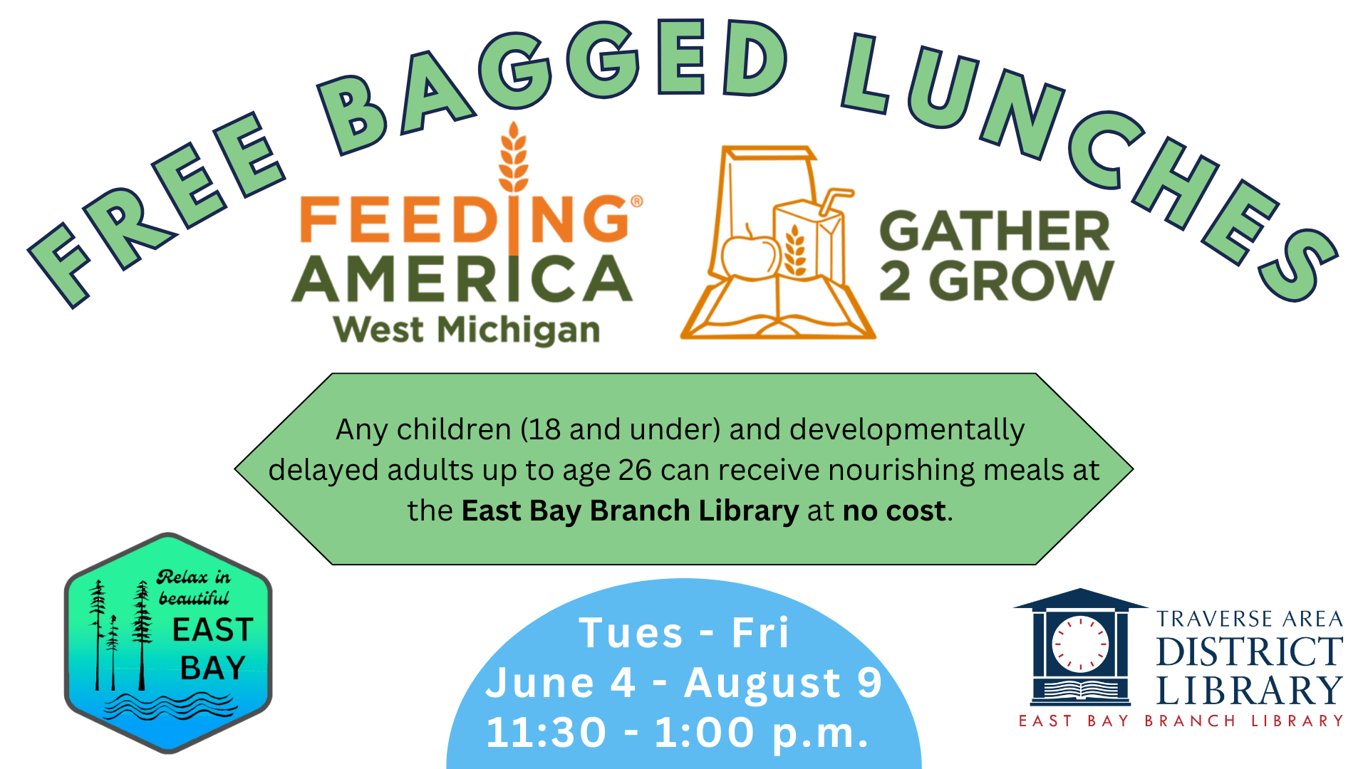 Image of the Gather 2 Grow icon, which is an open book, a brown sack bag, an apple, and a juice box with a straw, outlined in the color orange. Text reads "free bagged lunches" from Feeding America, June 4 to August 9.