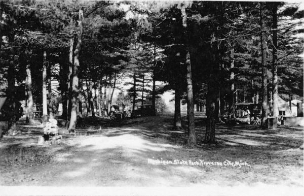 Black and white photograph of the Michigan State Campgrounds. Behind trees aremultiple Model T automobiles and pitched tents.