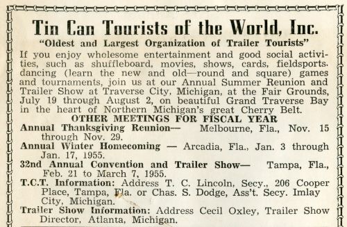 Advertisement for the Tin Can Tourists of the World from the 1954 Shuffleboard and Games Club Program