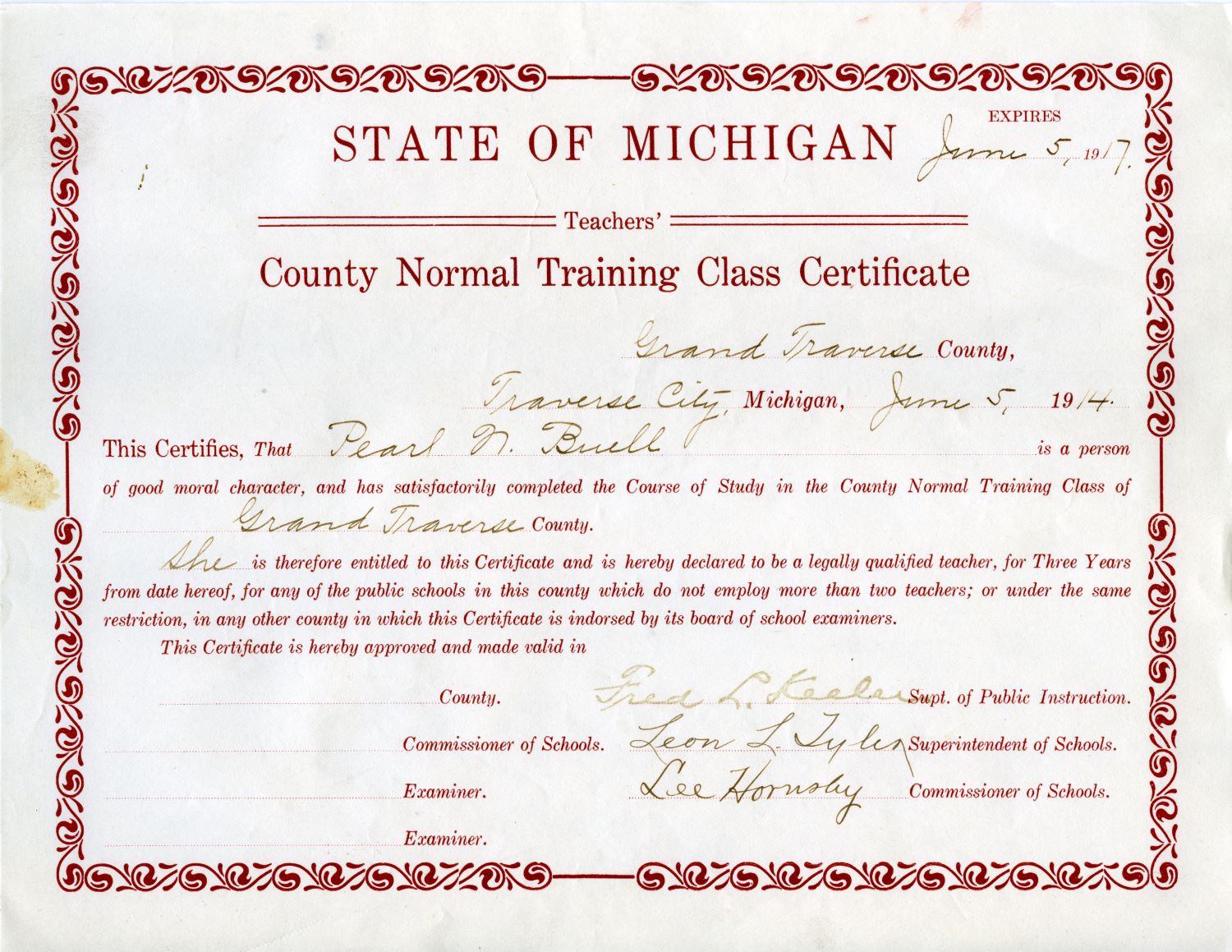 Pearl Buell's teaching certificate 1914