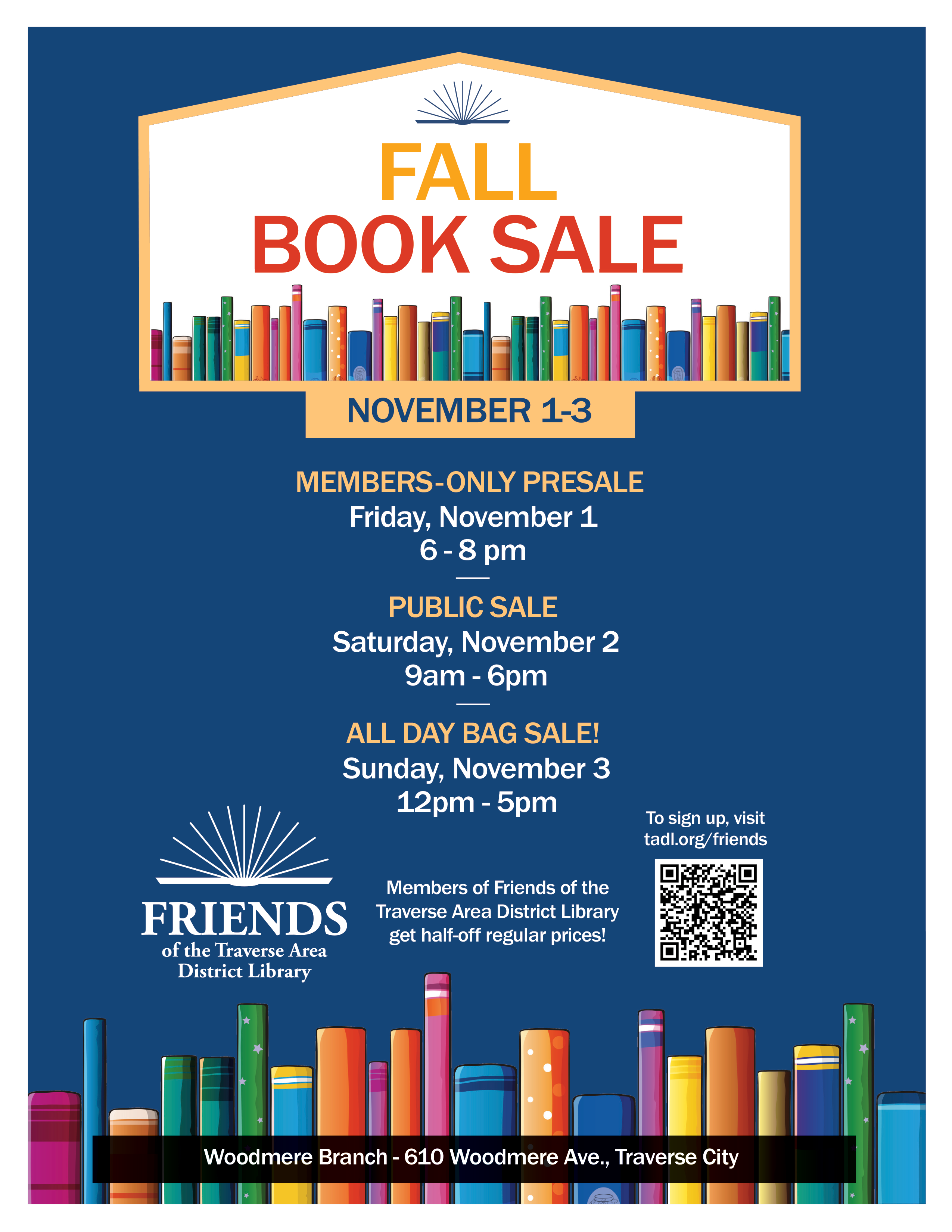 Sale flyer for Friends Fall Book Sale - dates and times repeated in calendar