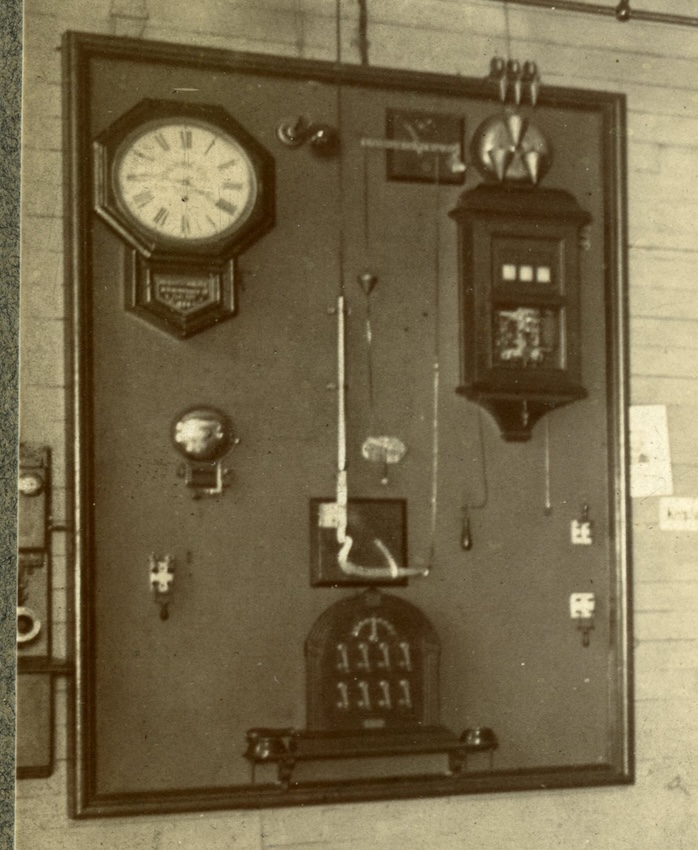 Photograph of FIre alarm system in Cass Street Fire Station, circa 1910