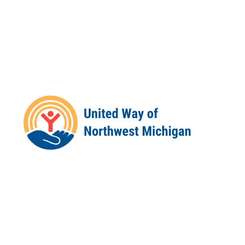 logo for United Way of Northwestern Michigan - name of the organization is to the right in blue letters with a palm up, open hand holding a stick figure of a person with a layered yellow arc above, completing the circle with the hand