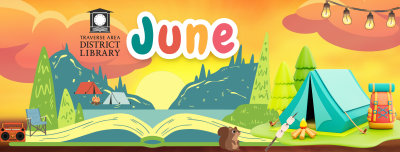 Library logo with June, camping scene popping out of an open book