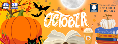 Pumpkins and books with bats and leaves