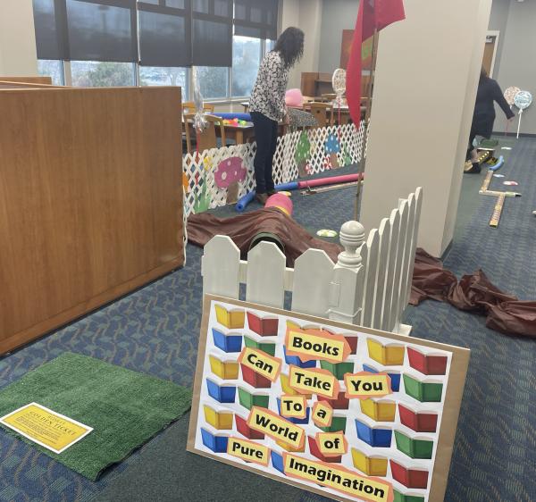 Candy theme mini golf setup in the library