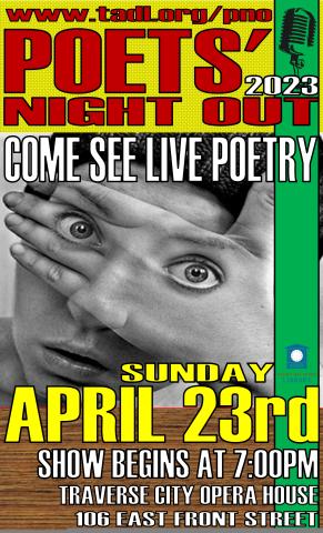 Poster for Poet's Night Out event. Bands of yellow, red, and green with a photo of a woman holding her hand over her eyes, but her eyeballs are on her hand.