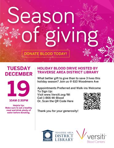 Flyer for December 19 Blood Drive at the Traverse Area District Library