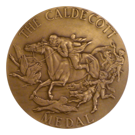 Caldecott medal; man riding horse being chased by children, dogs and geese