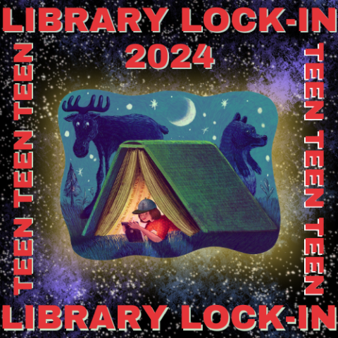 TADL Summer Reading Club logo, reader in tent, with works "Teen Library Lock-In 2024" around it.