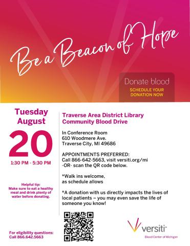 Poster for Versiti Blood Drive on August 20th