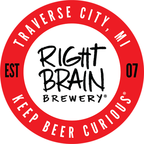 Logo for right Brain Brewery - a red circle with the name of the brewery printed inside in black text, inside the red circle are the location (traverse city, MI), year established (2007), and the tagline of the brewery "Keep Beer Curious"