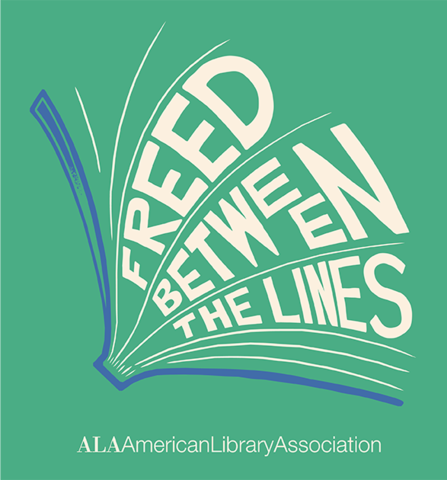 It says Freed Between the Lines within the pages of an open book. American Library Association. 