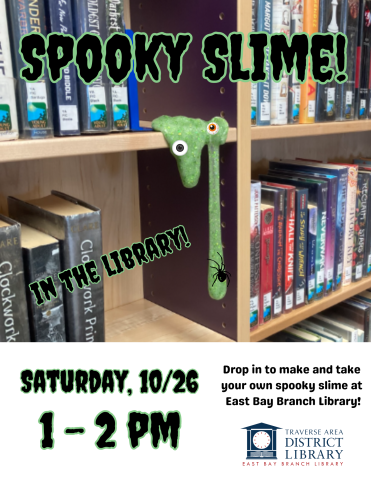 Slime with eyeballs and a spider dripping off of library shelves