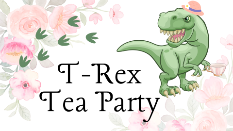 illustrated t-rex with hat and tea cup. floral background with dino footprints