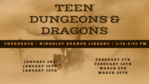 Image of a dragon on a tan background, text overlay reads "teen dungeons and dragons."