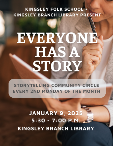 Image of woman thinking, holding a notebook and a pen brought to her lips. Text overlay reads "Everyone Has A Story: Storytelling Community Circle."