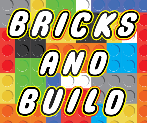 Bricks and Build words on colorful Lego piece background