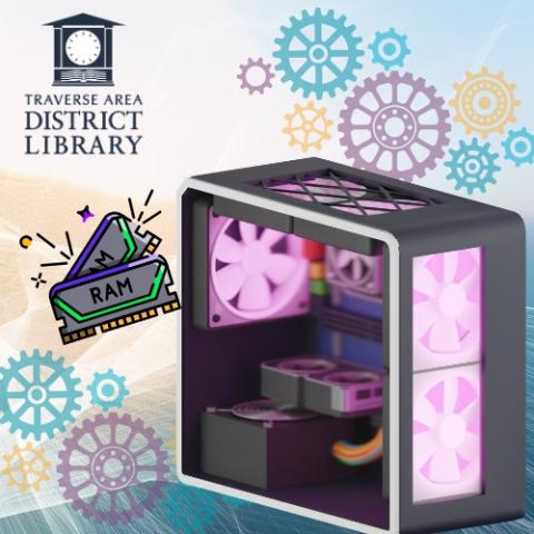 TADL clock tower logo with pastel background, gaming computer, gears, and illustration of RAM