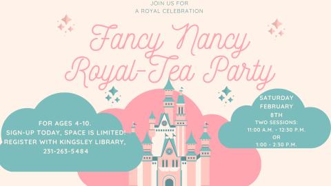 Image of a cartoonish-looking castle colored light blue and pink, surrounded by clouds in the same colors. Text reads "Fancy Nancy Royal-Tea Party."