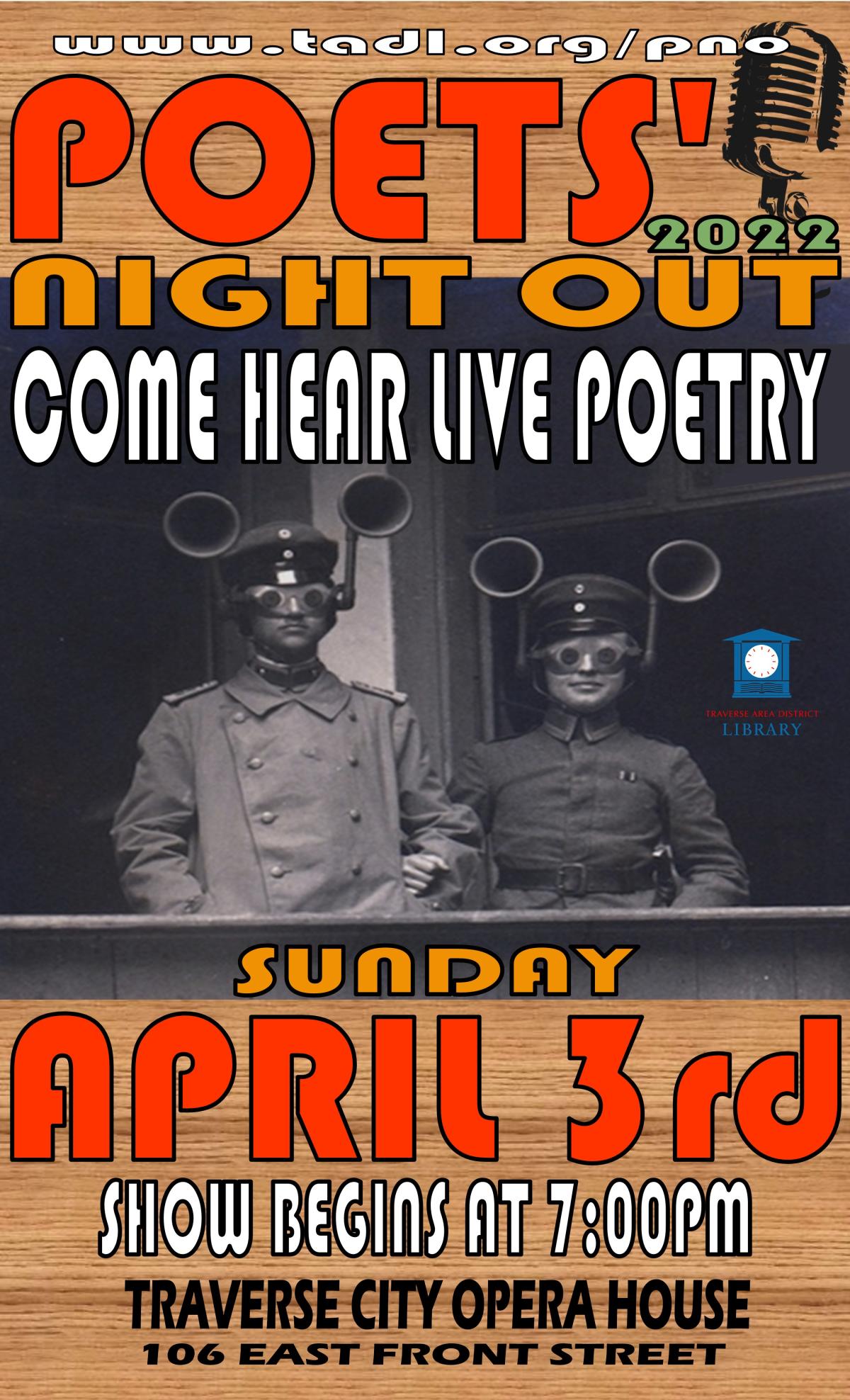 Poster for Poets' Night Out Live Event Contains day and time information Sunday April 3rd at 7pm