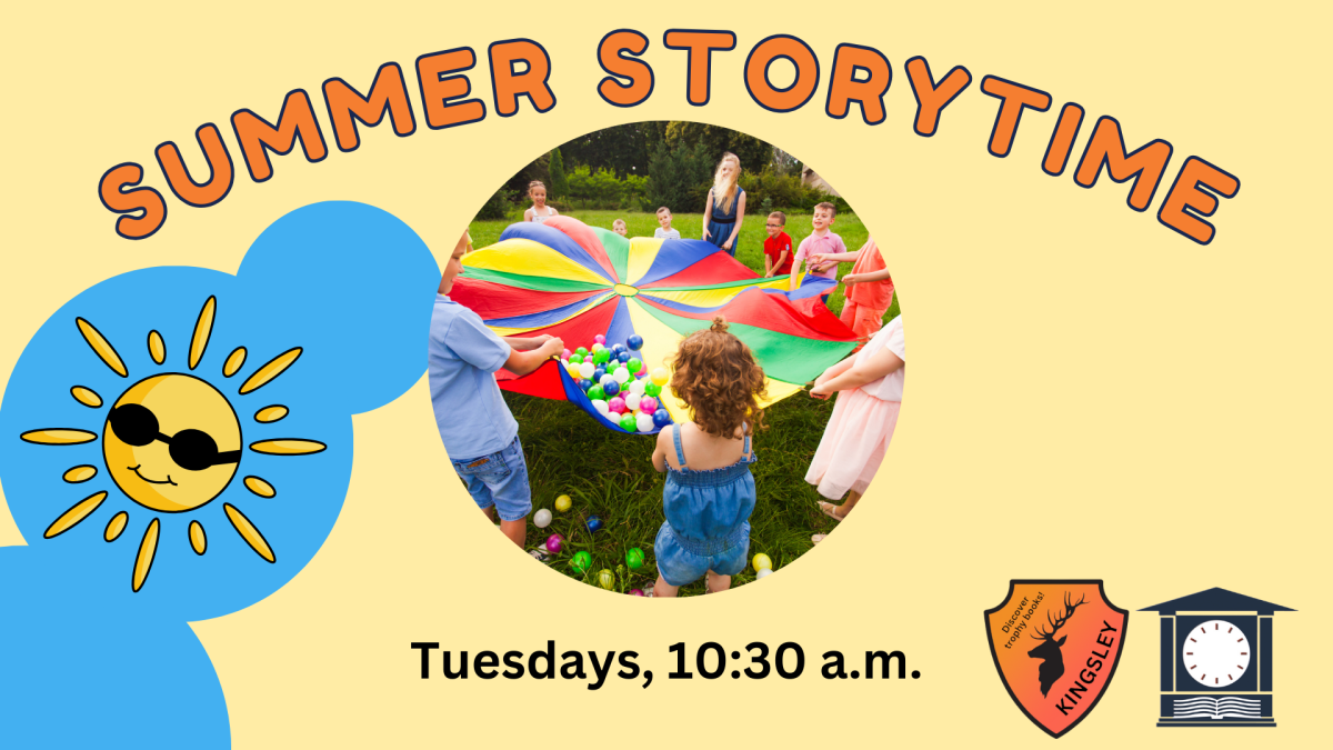 Image of children playing with a colorful parachute, text reads "summer storytime, tuesdays at 10:30am"