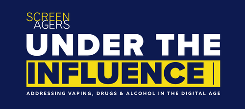 Logo for the Screenagers Under the Influence Movie - dark blue background with the title in white and yellow lettering