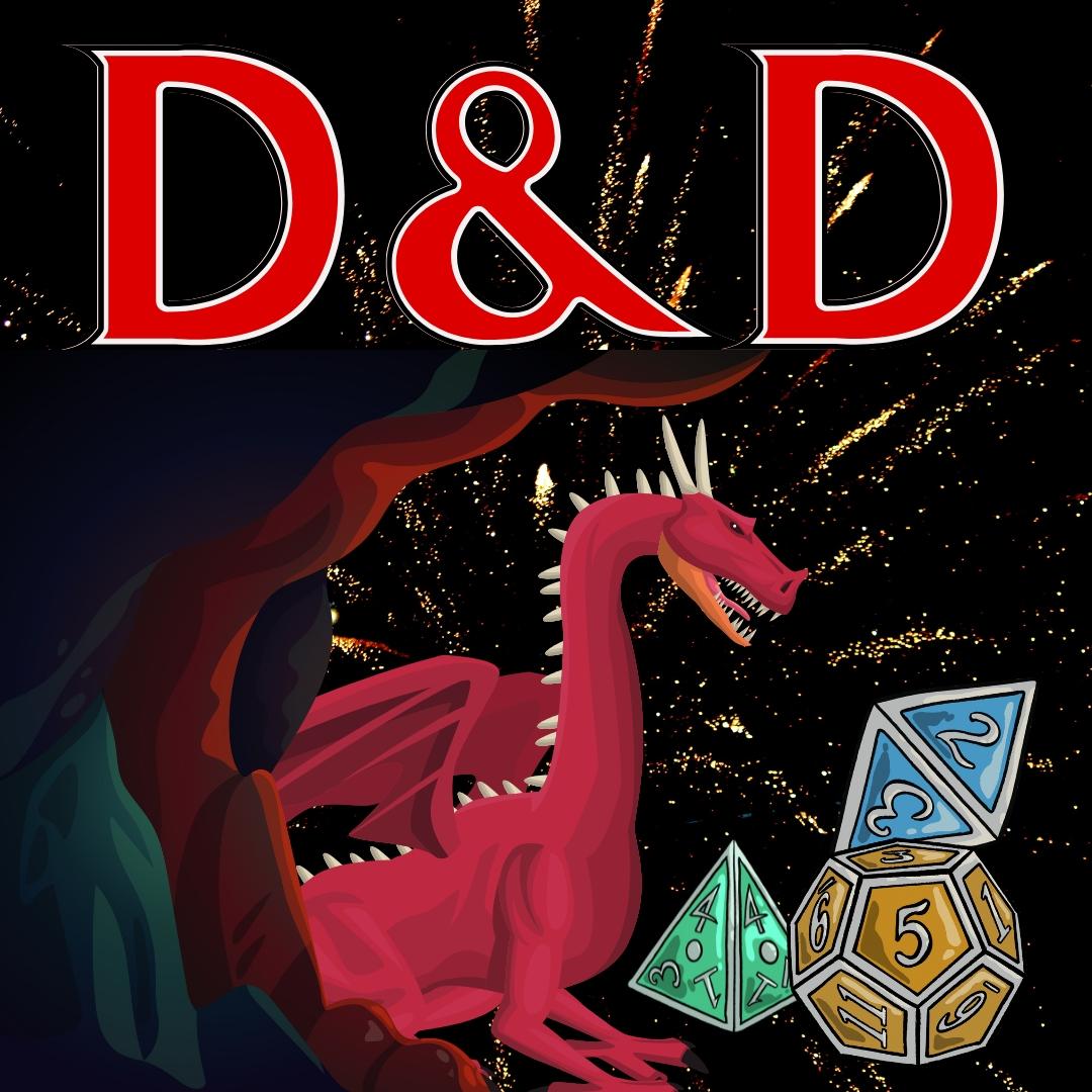 Black background with sparks, dragon in a cave, dice and text D&D