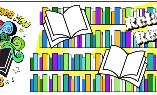 All together now Summer Library Challenge 2023 with library logo and bookshelves - relax & read!