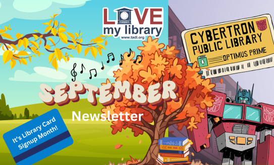 Fall trees with september newsletter, music notes, and library card signup month