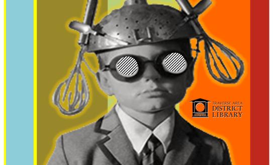 Flyer for PNO 2025 call for poetry - features a picture of a man wearing a kitchen colander for a hat with whisks stuck in the handles and funny glasses with the phrase "we're looking for your original poetry for Poets' Night Out."